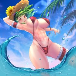 1girl abs arm_garter arm_up armpits beach bikini bouncing_breasts breasts flower green_hair hat hat_flower highres in_water kazami_yuuka looking_at_viewer medium_breasts motion_blur muscular muscular_female navel ocean palm_leaf plaid plaid_bikini puck100ml red_bikini red_eyes short_hair solo straw_hat sunflower swimsuit thick_thighs thigh_strap thighs touhou untied_bikini wading water wavy_hair rating:Questionable score:42 user:danbooru