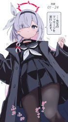  1girl black_choker black_coat black_eyes black_hairband black_pantyhose black_sailor_collar black_serafuku black_skirt blue_archive blush choker closed_mouth coat colored_inner_hair eyes_visible_through_hair feet_out_of_frame grey_hair hair_over_one_eye hairband halo highres long_hair long_sleeves mismatched_pupils motion_lines multicolored_hair neckerchief open_clothes open_coat pantyhose pink_hair plana_(blue_archive) pleated_skirt red_halo sailor_collar school_uniform serafuku simple_background skirt solo speech_bubble translated white_background white_neckerchief yucblossom 