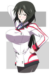  10s 1girl black_hair blush breasts brown_eyes female_focus infinite_stratos large_breasts long_hair orimura_chifuyu pantyhose school_uniform solo  rating:Questionable score:26 user:ThatsCoolio