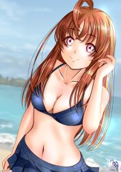  1girl bare_shoulders breasts cleavage long_hair looking_at_viewer love_live! love_live!_sunshine!! minami_saan orange_hair outdoors red_eyes smile solo swimsuit takami_chika 