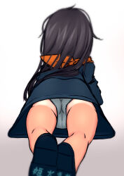  1girl absurdres ass bad_id bad_twitter_id bare_legs black_hair blue_dress blue_panties cameltoe dress female_focus from_behind gradient_background highres hkn528 loli long_hair lying on_stomach original panties sandals shoes solo tan tanline underwear upskirt  rating:Questionable score:58 user:Tokiori