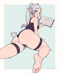  1girl absurdres ass bed book earrings feet foot_focus frieren green_eyes highres jewelry latex looking_at_viewer on_bed soles sousou_no_frieren surprised swimsuit toes toon_(style) white_hair  rating:General score:65 user:jorgiasthegod