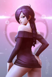  1girl absurdres ahoge ass bare_legs bare_shoulders blue_eyes borrowed_character bottomless breasts dress drill_hair gradient_background hair_over_one_eye hand_on_own_hip highres long_hair looking_at_viewer looking_back off-shoulder off-shoulder_sweater off_shoulder original purple_hair purple_theme realistic signature smile solo sweater sweater_dress tarakanovich zone-tan  rating:Questionable score:241 user:danbooru