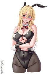  1girl animal_ears artist_name bare_shoulders black_leotard blonde_hair blush bow bowtie braid breasts closed_mouth clothing_cutout covered_navel cowboy_shot cropped_legs detached_collar ebifurya fake_animal_ears furrowed_brow gloves gluteal_fold hair_between_eyes hair_intakes highleg highleg_leotard highres kantai_collection large_breasts leotard light_frown long_hair looking_at_viewer one-hour_drawing_challenge pantyhose playboy_bunny purple_eyes rabbit_ears red_bow red_bowtie sidelocks simple_background skindentation solo strapless strapless_leotard sweat traditional_bowtie twitter_username underboob underboob_cutout white_background white_gloves zara_(kancolle) 