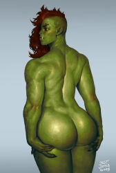  1girl absurdres artist_name ass ass_focus ass_grab asymmetrical_hair black_sclera colored_sclera colored_skin completely_nude facing_away fangs female_orc grabbing_own_ass gradient_background green_skin grey_background highres justsomenoob long_hair looking_at_viewer looking_back muscular muscular_female nude orange_eyes orc original pointy_ears red_hair scar scar_on_face sidecut solo tusks undercut  rating:Questionable score:43 user:danbooru