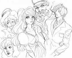 2girls 3boys absurdres braid braided_beard charlotte_lola charlotte_pudding cigarette closed_mouth curly_eyebrows dress facial_hair hat highres long_hair monkey_d._luffy multiple_boys multiple_girls old old_man one_piece puffy_sleeves red-leg_zeff rita_ya sanji_(one_piece) siblings sisters sketch smoke smoking straw_hat twintails