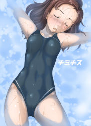 1girl afloat armpits arms_up blush breasts brown_hair cameltoe competition_swimsuit closed_eyes forehead kawada_tomoko kimi_kiss navel one-piece_swimsuit sakura_kotetsu single_vertical_stripe small_breasts solo swimsuit unconscious wet rating:Questionable score:13 user:danbooru