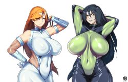  2girls arms_behind_head black_hair blue_eyes bodysuit breasts covered_erect_nipples covered_navel crossover green_eyes hair_flip hand_on_own_hip huge_breasts kim_possible_(series) kim_possible long_hair looking_at_viewer multiple_girls nachtness orange_hair pale_skin puffy_areolae puffy_nipples shego smile taimanin_(series) taimanin_suit tight_clothes  rating:Questionable score:105 user:superdrama