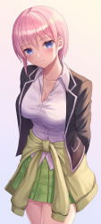  1girl absurdres arms_behind_back black_jacket blazer blue_background breasts cardigan cardigan_around_waist cleavage clothes_around_waist collarbone collared_shirt commentary dress_shirt go-toubun_no_hanayome gradient_background green_skirt hair_between_eyes highres jacket large_breasts light_blush long_sleeves looking_at_viewer miniskirt nakano_ichika open_clothes open_jacket pink_background pink_hair pleated_skirt seungju_lee shirt short_hair simple_background skirt solo thighs white_shirt  rating:Sensitive score:21 user:danbooru