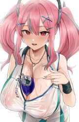 1girl absurdres azur_lane between_breasts bottle breasts bremerton_(azur_lane) bremerton_(scorching-hot_training)_(azur_lane) cleavage grey_hair hair_ornament headgear heart heart_necklace highres hotate-chan jewelry large_breasts looking_at_viewer mole mole_on_breast mole_under_eye multicolored_hair necklace official_alternate_costume open_mouth pink_hair red_eyes see-through shirt smile solo sportswear streaked_hair tennis_uniform twintails water water_bottle wet wet_clothes wet_shirt wristband x_hair_ornament rating:Questionable score:59 user:danbooru