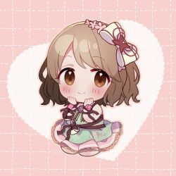  1girl bare_shoulders blush bow brown_bow brown_eyes brown_hair chibi clenched_hands closed_mouth dress flower frilled_dress frills grid_background hair_bow hair_flower hair_ornament hair_ribbon hands_up heart heart_background highres idolmaster idolmaster_cinderella_girls idolmaster_cinderella_girls_starlight_stage looking_at_viewer no_nose pink_background pink_flower ribbon short_hair smile solo tsukimiya_miyabi two-tone_dress umehara_ume wavy_hair white_ribbon 