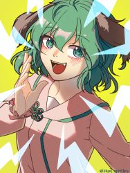 1girl animal_ears covering_own_mouth dog_ears dress frilled_sleeves frills green_eyes green_hair hand_over_own_mouth highres kasodani_kyouko one-hour_drawing_challenge open_mouth pink_dress short_hair shouting solo touhou twitter_username yamabiko yami_mystery