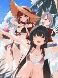  4girls :d absurdres akane_lize animal_ears arahashi_tabi bikini bird black_bikini black_choker black_eyes black_hair blue_eyes blue_hair blue_shorts blue_sky blunt_bangs bow breasts brown_hat cat_ears choker closed_eyes cloud criss-cross_halter cross cross_earrings day ear_piercing earrings front-tie_bikini_top front-tie_top gnns grey_hair hair_bow halterneck hat hat_bow highres holding holding_swim_ring holding_water_gun innertube jewelry large_breasts long_hair looking_at_viewer medium_breasts mole mole_under_eye multicolored_hair multiple_girls navel neneko_mashiro off-shoulder_shirt off_shoulder open_clothes open_mouth open_shorts outdoors outstretched_arms palm_tree piercing red_bikini red_bow red_eyes red_hair shirayuki_hina shirt short_hair shorts side-tie_bikini_bottom sky small_breasts smile standing stellive stomach straw_hat streaked_hair sun_hat swim_ring swimsuit t-shirt tankini tree twintails underboob very_long_hair virtual_youtuber water_gun wet wet_clothes wet_shirt white_shirt 