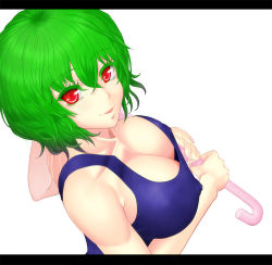  1girl :d back bad_anatomy bad_id bad_pixiv_id blue_one-piece_swimsuit breasts cleavage collarbone colored_eyelashes covered_erect_nipples downblouse fingernails from_side green_hair hair_between_eyes holding holding_umbrella kazami_yuuka kinohino large_breasts letterboxed long_fingernails looking_at_viewer looking_back nose one-piece_swimsuit open_mouth over_shoulder parasol puffy_nipples red_eyes sideboob simple_background smile solo swimsuit taut_clothes taut_swimsuit toned touhou umbrella upper_body wavy_hair white_background 