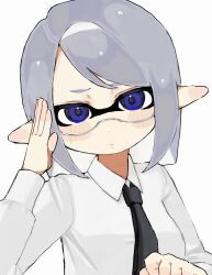 1girl :&lt; arm_up black_necktie blue_eyes blush_stickers breasts clenched_hand closed_mouth collared_shirt commentary_request dot_nose furrowed_brow grey_hair hair_intakes hand_on_own_head head_rest highres inkling inkling_girl inkling_player_character looking_at_viewer medium_breasts mt38lg necktie nintendo pointy_ears shirt short_hair sidelocks simple_background solo splatoon_(series) swept_bangs tentacle_hair upper_body white_background white_shirt