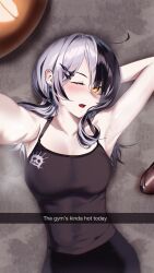  1girl arm_behind_head arm_up armpits black_hair black_tank_top breasts collarbone commentary english_commentary english_text grey_hair hair_ornament hairclip highres hololive hololive_english large_breasts long_hair looking_at_viewer lying multicolored_hair nyxview on_back one_eye_closed open_mouth selfie shiori_novella solo split-color_hair tank_top two-tone_hair virtual_youtuber yellow_eyes 