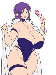  1girl blush breasts condom condom_wrapper creatures_(company) curvy dd_(artist) dd_(giogio99) game_freak highleg highleg_swimsuit highres huge_breasts looking_at_viewer nintendo open_mouth philena_ivy poke_ball pokemon pokemon_(anime) pokemon_(classic_anime) smile solo swimsuit wide_hips 