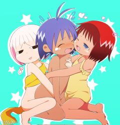  1boy 2girls 88hachidori antenna_hair bad_id bad_twitter_id bare_shoulders barefoot blue_eyes blue_hair child_on_child closed_eyes clothed_female_nude_male dark_skin dress face-to-face ffm_threesome group_sex guu_(jungle_wa_itsumo) hare_(jungle_wa_itsumo) heart hetero highres jungle_wa_itsumo_hare_nochi_guu loli mari_(jungle_wa_itsumo) multiple_girls nude one_eye_closed open_mouth red_eyes red_hair short_hair shota simple_background threesome white_hair  rating:Explicit score:83 user:danbooru