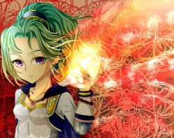  1990s_(style) 1girl cape earrings female_focus final_fantasy final_fantasy_vi fire green_hair highres jacket jewelry long_hair magic mst_(pixiv643481) ponytail purple_eyes solo tina_branford 