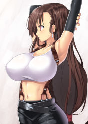 1990s_(style) 1girl arms_up belt breasts brown_hair earrings elbow_gloves final_fantasy final_fantasy_vii gloves huge_breasts jewelry long_hair low-tied_long_hair midriff nagase_haruhito navel red_eyes retro_artstyle shirt skirt solo stretching suspender_skirt suspenders taut_clothes taut_shirt tifa_lockhart very_long_hair rating:Sensitive score:228 user:danbooru