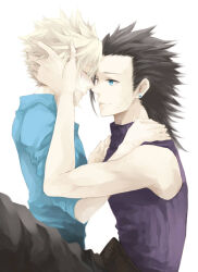  2boys bad_source between_legs bisuko black_hair black_pants blonde_hair blue_eyes blue_shirt closed_eyes cloud_strife comforting crisis_core_final_fantasy_vii cross_scar earrings facial_scar final_fantasy final_fantasy_vii forehead-to-forehead hair_slicked_back hand_on_another&#039;s_head hands_on_another&#039;s_shoulders heads_together high_collar highres jewelry light_smile long_hair male_focus multiple_boys pants purple_sweater scar scar_on_cheek scar_on_face shirt short_hair simple_background sitting sleeveless sleeveless_sweater sleeveless_turtleneck spiked_hair stud_earrings sweater third-party_source turtleneck turtleneck_sweater upper_body white_background yaoi zack_fair 