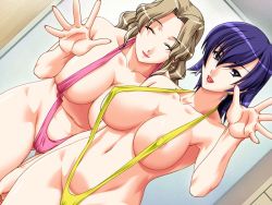  2girls areola_slip breasts cameltoe cleavage covered_erect_nipples dutch_angle game_cg midara_na_mansion mature_female multiple_girls slingshot_swimsuit smile swimsuit tatsuya_(complet&#039;s) 