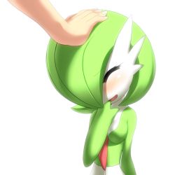  00s 1girl bad_id bad_pixiv_id blush breasts cleavage closed_eyes creatures_(company) game_freak gardevoir gen_3_pokemon green_hair hand_on_another&#039;s_head hand_to_own_mouth headpat highres medium_breasts nintendo nme open_mouth pokemon pokemon_(creature) pokemon_rse simple_background smile solo_focus upper_body white_background  rating:Sensitive score:125 user:Rikko-43