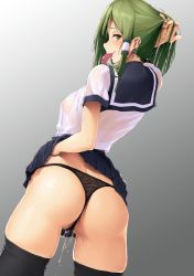 1girl alternate_costume arm_up ass black_panties black_thighhighs blue_sailor_collar blue_skirt blush breasts clothes_lift condom condom_in_mouth condom_wrapper contemporary cowboy_shot ear_piercing earrings from_behind gradient_background green_eyes green_hair grey_background hair_tubes highres jewelry kochiya_sanae lifting_own_clothes long_hair looking_at_viewer looking_back medium_breasts miniskirt mouth_hold no_bra panties piercing pleated_skirt profile pussy_juice sailor_collar school_uniform see-through serafuku shirt short_sleeves sidelocks skindentation skirt skirt_lift smile solo standing sy4 thighhighs thighs touhou underwear wet wet_clothes wet_panties wet_shirt rating:Explicit score:235 user:danbooru