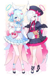  2girls :d absurdres alternate_costume apron arona_(blue_archive) beret black_dress black_eyes blue_archive blue_dress blue_eyes blue_hair blue_halo bow bow_legwear cross-laced_footwear dress expressionless footwear_bow frilled_dress frills hair_bow hair_ornament hair_over_eyes halo hat heart heart-shaped_bag heart_hair_ornament highres hovaku lace-up_heels lolita_fashion long_hair multicolored_hair multiple_girls neck_ribbon open_mouth pastel_colors pink_hair plana_(blue_archive) puffy_short_sleeves puffy_sleeves red_halo ribbon short_hair short_sleeves simple_background smile socks sparkle sparkling_eyes stuffed_animal stuffed_toy sweet_lolita tailcoat teddy_bear two-tone_hair v very_long_hair white_background white_hair 