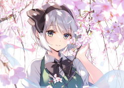 1girl black_bow black_bowtie black_hairband black_ribbon blouse bow bowtie branch breasts buttons cherry_blossoms closed_mouth collared_shirt dress eyes_visible_through_hair flower ghost green_dress green_eyes grey_hair grey_shirt hair_between_eyes hairband hands_up highres hitodama ke-ta konpaku_youmu konpaku_youmu_(ghost) light looking_to_the_side medium_breasts petals pink_flower puffy_sleeves ribbon shadow shirt short_hair short_sleeves smile solo touhou tree upper_body white_background rating:General score:9 user:danbooru