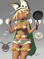  ... 1girl alternate_hair_color alternate_hair_length alternate_hairstyle arc_system_works bare_shoulders belt belt_bra blonde_hair breasts cape cleavage dark-skinned_female dark_skin dated frying_pan grey_background guilty_gear hat hip_focus looking_to_the_side midriff neck_ribbon ramlethal_valentine red_eyes ribbon short_shorts shorts simple_background spatula sweatdrop thigh_gap thigh_strap translated underboob zaki_(narashigeo)  rating:Questionable score:9 user:BBubba