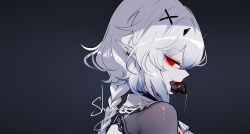  1girl artist_name black_background blood commentary from_side hair_ornament highres horns long_hair looking_at_viewer mouse_(animal) mouth_hold original portrait profile red_eyes sheya signature simple_background solo white_hair x_hair_ornament  rating:Sensitive score:2 user:danbooru