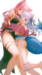  2girls absurdres ahoge animal_ear_fluff animal_ear_piercing animal_ears arms_behind_back ass bare_shoulders black_dress blue_dress blue_eyes blue_hair blunt_bangs blush bound bound_arms bow breasts cat_ears closed_mouth commentary_request dress feet_out_of_frame fins fish_tail floating_hair garter_straps gawr_gura grey_hair hair_ornament hairclip heart_o-ring height_difference highres hololive hololive_english kemonomimi_mode large_breasts long_hair looking_at_viewer mishiya_(misiya_dream) mori_calliope mori_calliope_(1st_costume) multicolored_hair multiple_girls one_eye_closed one_side_up open_mouth pink_bow pink_eyes pink_hair pink_ribbon ribbon ribbon_bondage shark_girl shark_hair_ornament shark_tail sharp_teeth side_slit sidelocks simple_background single_garter_strap sleeveless sleeveless_dress smile standing streaked_hair tail teeth virtual_youtuber white_background 