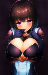 1girl absurdres armor black_hair blush bob_cut boruhis breasts cleavage commentary_request elbow_gloves erika_(shadowverse) eyebrows finger_to_mouth frills gloves hair_between_eyes highres large_breasts looking_at_viewer parted_lips pauldrons purple_eyes shadowverse short_hair shoulder_armor solo rating:Sensitive score:24 user:danbooru