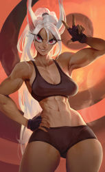  1girl abs alternate_hairstyle boku_no_hero_academia bonifasko breasts cleavage dark-skinned_female dark_skin grin hand_on_own_hip highres large_breasts long_eyelashes mirko muscular muscular_female ponytail rabbit_ears rabbit_girl short_shorts shorts silver_hair smile solo sports_bra steaming_body sweat  rating:Questionable score:55 user:animeboy12