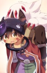  &gt;_&lt; 1boy 1girl amputee animal_ear_fluff artist_name bag blush brown_eyes brown_hair cape child clant_st claws closed_eyes collar collarbone commentary_request damaged dark-skinned_female dark_skin fake_horns faputa fluff fluffy fluffy_hair furry gradient_eyes hair_between_eyes helmet highres horned_headwear horned_helmet horns lying made_in_abyss metal_collar multicolored_clothes multicolored_eyes multiple_tails navel on_back open_mouth paper_texture pointy_ears red_cape red_claws regu_(made_in_abyss) robot slit_pupils standing sweat sweatdrop tail topless_male translation_request v-shaped_eyebrows white_background white_fur white_hair yellow_eyes 