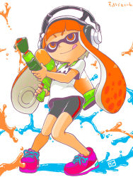 1girl bike_shorts child closed_mouth domino_mask female_focus flat_chest full_body headphones hiroshi_ohnuma holding ink inkling_player_character licking_lips long_hair mask nintendo orange_hair shirt shoelaces shoes short_sleeves simple_background solo splatoon_(series) standing tentacle_hair tongue tongue_out weapon white_background white_shirt