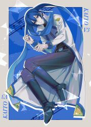  1boy absurdres beamed_eighth_notes belt bibinggwas2 blue_eyes blue_hair blue_nails blue_scarf boots character_name coat commentary english_text expressionless full_body highres kaito_(vocaloid) kaito_(vocaloid3) long_sleeves lying male_focus musical_note on_side pants quarter_note scarf short_hair staff_(music) vocaloid white_coat 