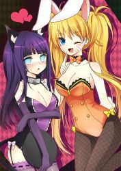  2girls :o ;d animal_ears aqua_eyes bad_id bad_pixiv_id bare_shoulders blonde_hair blue_eyes blunt_bangs blush bow bowtie breast_lift breast_rest breasts cat_ears cat_tail choker cleavage cowboy_shot earrings elbow_gloves facial_mark fake_animal_ears fang finger_to_mouth fishnet_pantyhose fishnets forehead_protector frills garter_straps genderswap genderswap_(mtf) gloves heart hyuuga_hinata jewelry kittysuit konohagakure_symbol lace lace-trimmed_legwear lace_trim large_breasts leg_up leotard long_hair moorina multiple_girls naruko_(naruto) naruto naruto_(series) nontraditional_playboy_bunny nose_blush one_eye_closed open_mouth pantyhose playboy_bunny purple_gloves purple_hair rabbit_ears rabbit_tail smile stud_earrings sweatdrop tail thigh_gap thighhighs tray twintails uzumaki_naruto very_long_hair whisker_markings whiskers wink wrist_cuffs  rating:Sensitive score:89 user:danbooru