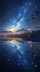 forest lake lantern mountain nature night night_sky no_humans original pei_(sumurai) reflection reflective_water scenery sky star_(sky) starry_sky