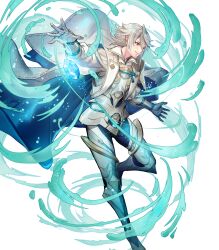  1boy armor attack barefoot blue_cape blue_pants cape corrin_(fire_emblem) corrin_(male)_(hoshido_noble)_(fire_emblem) dragonstone fire_emblem fire_emblem_fates fire_emblem_heroes gauntlets glowing grey_hair highres male_focus nintendo non-web_source official_alternate_costume official_art pants pointy_ears red_eyes rope shimenawa smile solo v-shaped_eyebrows water white_armor white_cape 