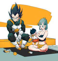  1girl 2boys :/ amachu_a armor baby baby_bottle barefoot black_camisole black_hair blue_hair boots bottle breasts bulma camisole character_doll cleavage cola commentary crop_top dragon_ball dragon_ball_(object) dragonball_z english_commentary gloves highres indian_style medium_breasts midriff monkey_tail multiple_boys muscular muscular_male navel orange_shorts short_shorts shorts signature sitting soda_bottle spaghetti_strap tail tongue tongue_out toninjinka trunks_(dragon_ball) vegeta white_footwear white_gloves 