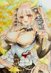  1girl autumn azur_lane bare_shoulders between_breasts black_dress breasts cleavage commentary_request dress earrings formidable_(azur_lane) frilled_dress frills ginkgo_leaf grey_hair hair_ribbon highres jewelry kishimon-08 large_breasts leaf long_hair looking_at_viewer necktie necktie_between_breasts open_mouth red_eyes ribbon solo traditional_media twintails two-tone_dress two-tone_ribbon upper_body very_long_hair 