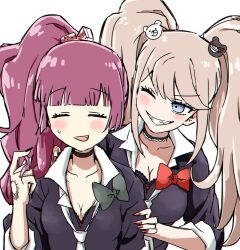  2girls alcohol_carton bear_hair_ornament big_hair black_bra black_nails blue_eyes blunt_bangs blush bocchi_the_rock! bow bra breasts choker cleavage closed_eyes commentary cosplay cropped_torso crossover danganronpa_(series) enoshima_junko enoshima_junko_(cosplay) fingernails green_bow grin hair_ornament hand_on_another&#039;s_arm hand_on_another&#039;s_shoulder hand_tattoo hand_up hiroi_kikuri ikusaba_mukuro ikusaba_mukuro_(cosplay) large_breasts long_fingernails long_hair multiple_girls necktie nervous_smile one_eye_closed open_mouth ponytail purple_hair red_bow red_nails school_uniform sharp_teeth simple_background smile sweatdrop symbol-only_commentary tattoo teeth torako_(toramaru) twintails twirling_hair underwear upper_body white_background white_necktie 