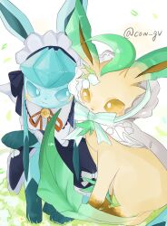  blue_eyes blue_hair blush bow brown_eyes closed_mouth cow_gv creatures_(company) flower game_freak gen_4_pokemon glaceon glaceon_(tea_party) grass headdress highres leafeon leafeon_(checkered) maid maid_headdress nintendo pokemon pokemon_(creature) pokemon_unite sidelocks sitting twitter_username  rating:General score:1 user:kiki1099