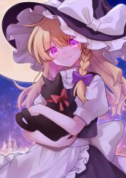  1girl absurdres animal animal_hug apron back_bow black_cat blonde_hair blush bow braid cat closed_mouth commentary_request hair_bow hakurei_kaede hat hat_bow highres kirisame_marisa light_smile long_hair looking_at_viewer pink_eyes purple_bow red_bow side_braid signature single_braid solo star-shaped_pupils star_(symbol) symbol-shaped_pupils touhou waist_apron white_apron white_bow witch_hat 