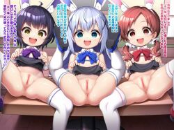 3girls :d animal_ears anus black_skirt blue_bow blue_bowtie blue_eyes bow bowtie cleft_of_venus clothes_lift commentary_request ed fake_animal_ears female_focus gochuumon_wa_usagi_desu_ka? hair_ornament japanese_text jouga_maya kafuu_chino legs_up lifting_own_clothes loli long_hair looking_at_viewer lying multiple_girls loli musouzuki natsu_megumi no_panties on_back open_mouth purple_bow purple_bowtie purple_hair pussy rabbit_ears red_bow red_bowtie red_hair short_hair short_twintails sitting skirt skirt_lift smile spread_legs teeth thighhighs translation_request twintails uncensored upper_teeth_only white_thighhighs x_hair_ornament yellow_eyes rating:Explicit score:270 user:Wulan01
