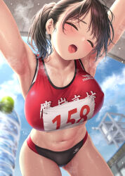 1girl armpits bent_over black_hair blue_sky blurry blurry_foreground blush bottle breasts buruma closed_eyes exhausted fisheye from_below highres kase_daiki large_breasts navel nervous_sweating open_mouth original ponytail red_sports_bra revision safety_pin short_hair sky solo sports_bra sportswear steam steaming_body sweat thighs tongue very_sweaty water_bottle wet rating:Sensitive score:53 user:danbooru
