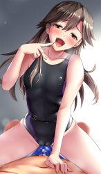  1boy 1girl arashio_(kancolle) black_one-piece_swimsuit blue_male_swimwear blue_one-piece_swimsuit blue_swim_briefs brown_eyes brown_hair cameltoe clothed_sex collarbone competition_swimsuit covered_erect_nipples covered_navel cum cum_in_clothes cum_on_swimsuit erection flat_chest girl_on_top grey_one-piece_swimsuit hair_between_eyes hetero highleg highleg_swimsuit highres kantai_collection long_hair male_swimwear navel one-piece_swimsuit open_mouth penis sunlight swim_briefs swimsuit topless_male tsuchimiya yellow_eyes  rating:Explicit score:88 user:danbooru