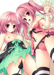 2girls absurdres babydoll blush bottomless bow bow_panties breasts cameltoe censored chemise clothes_lift convenient_censoring covering_crotch covering_privates demon_tail dress dress_lift female_focus flat_chest from_below highres long_hair looking_at_viewer momo_velia_deviluke multiple_girls nana_asta_deviluke navel nipples no_panties off_shoulder panties partially_visible_vulva pink_eyes pink_hair pink_panties pussy_juice shiramori_yuse short_hair siblings sisters small_breasts smile strap_slip striped_clothes striped_legwear striped_thighhighs tail tail_censor thighhighs to_love-ru twins twintails underwear waving wet wet_clothes wet_panties rating:Explicit score:115 user:danbooru
